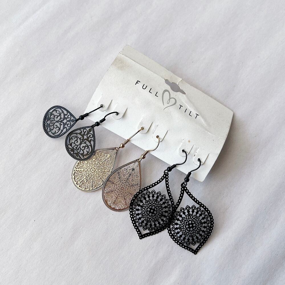 Full Tilt Dangly Earrings Black Metal Filigree Intricate Laser Cut